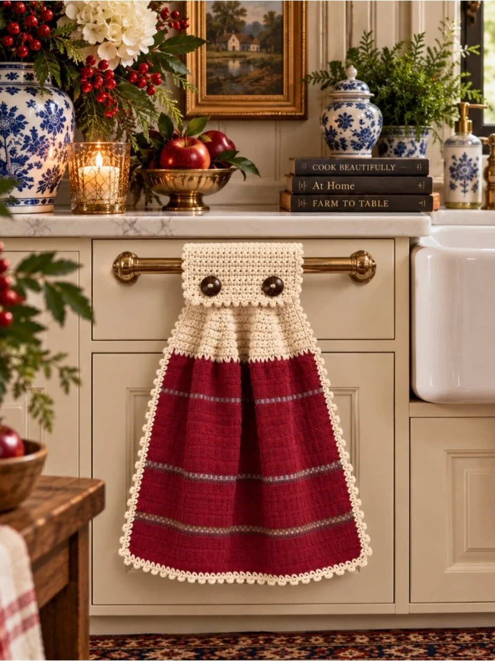 Mainstays Cranberry Crochet Hanging Kitchen Towel Handmade